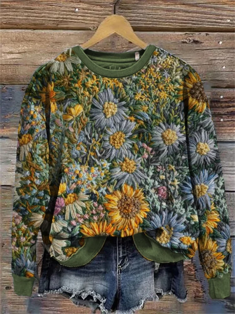 Gemütliches Sweatshirt mit floraler Stickerei Kunst