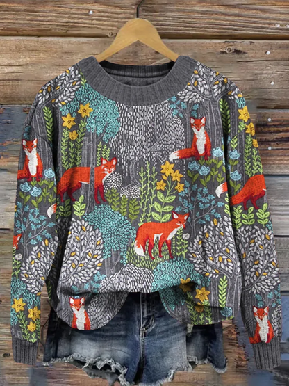 Grauer Vintage Pullover mit Fuchs-Motiv im Wald