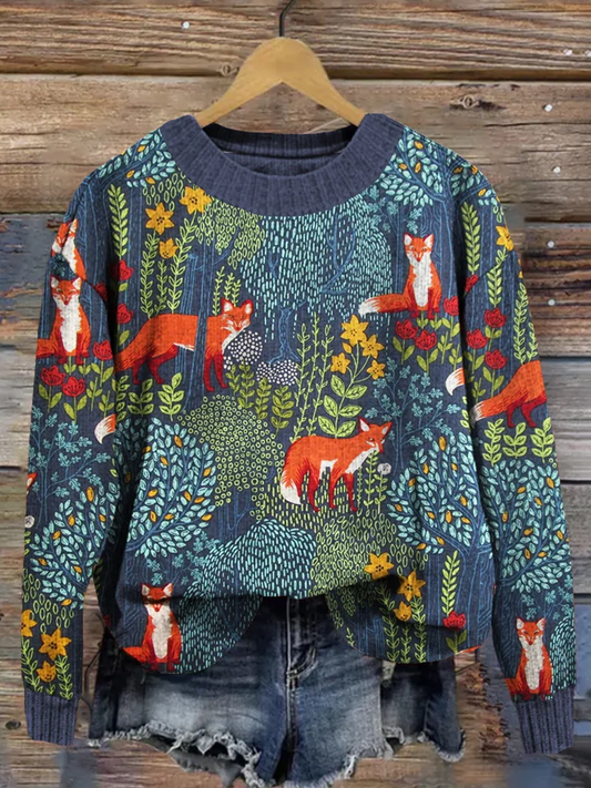 Grauer Vintage Pullover mit Fuchs-Motiv im Wald